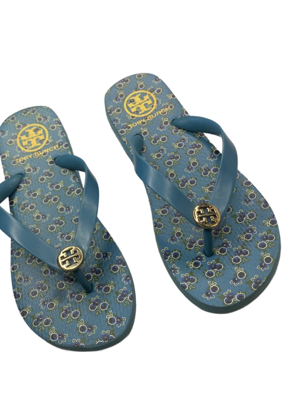 Tory Burch Teal Floral Logo Thong Sandals with Gold Emblem
